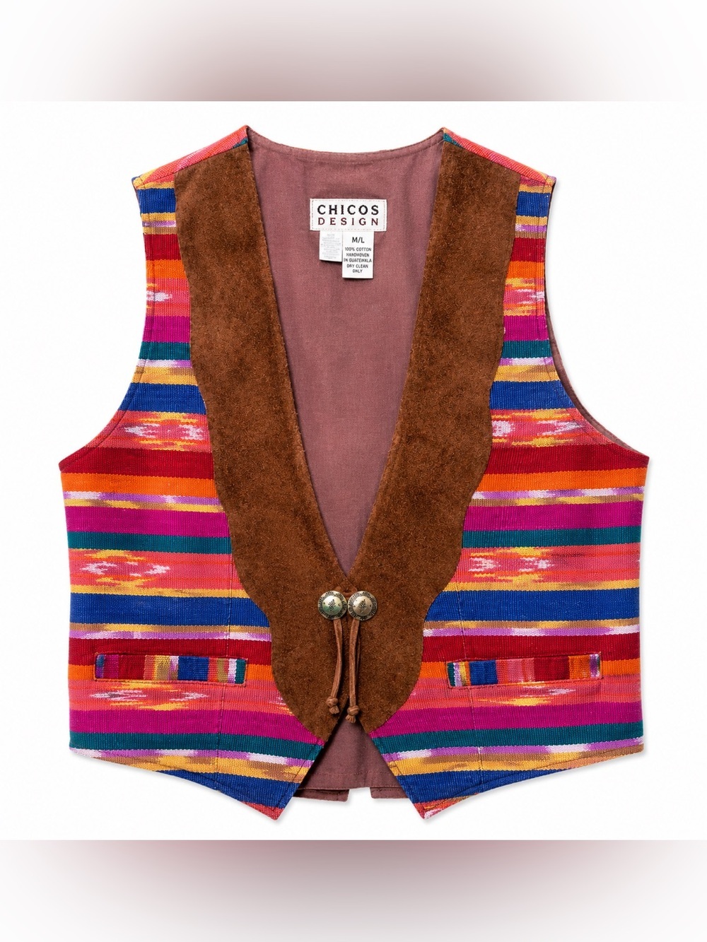Vtg Chico's Design Handwoven Cotton Suede Trim Vest M/L Western Boho Festival⁠